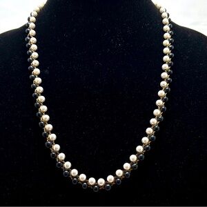 Vintage, Black And White Entwined Pearl Necklace, Gold Braided Chain, Korea